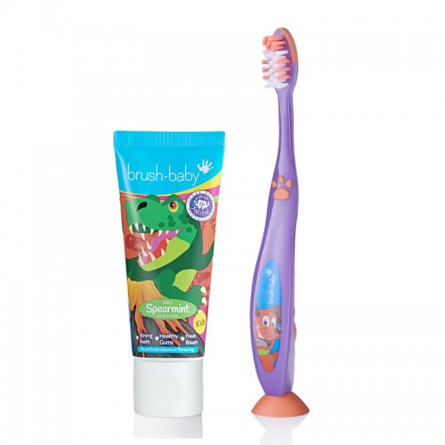 Brush-Baby Kid Dinosaur Spearmint Toothpaste with Xylitol (3 years+) + FlossBrush 6+ years
